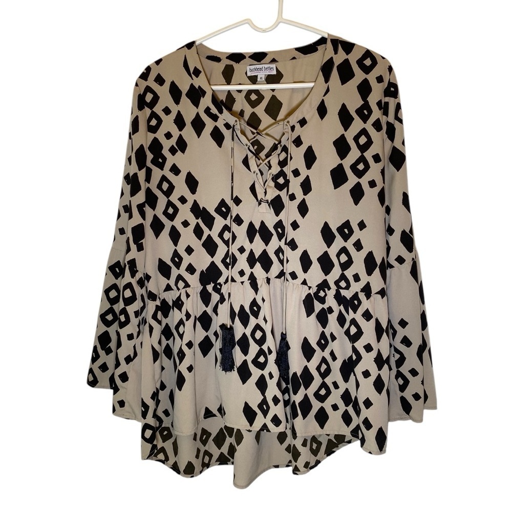 BUCKHEAD BETTIES Women size XL light tan black abstract print peplum waist tunic